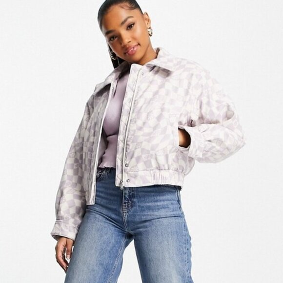 NWT- ASOS * Printed Faux Leather Bomber Jacket in Lilac * Size 12 - Picture 1 of 13